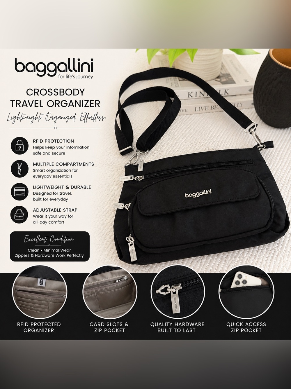 Baggallini Black RFID Crossbody Travel Organizer Bag